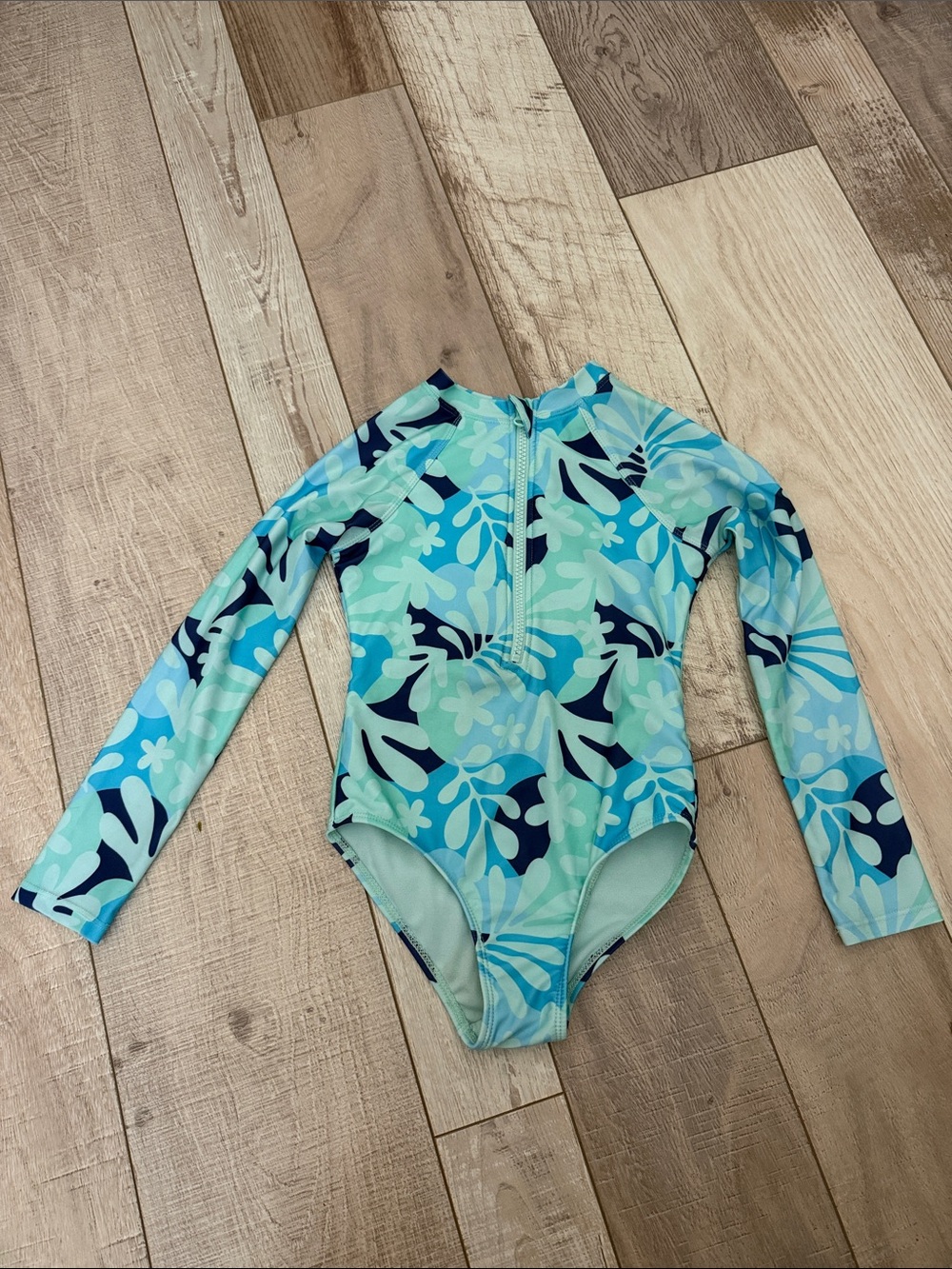 wonder nation Blue Aqua Floral Long-Sleeve One-Piece Swimsuit